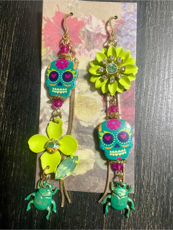 Artisan Crafted Jewelry - Lime Green and Teal Floral Sugar Skull Beetle Earrings with Crystal Accents
